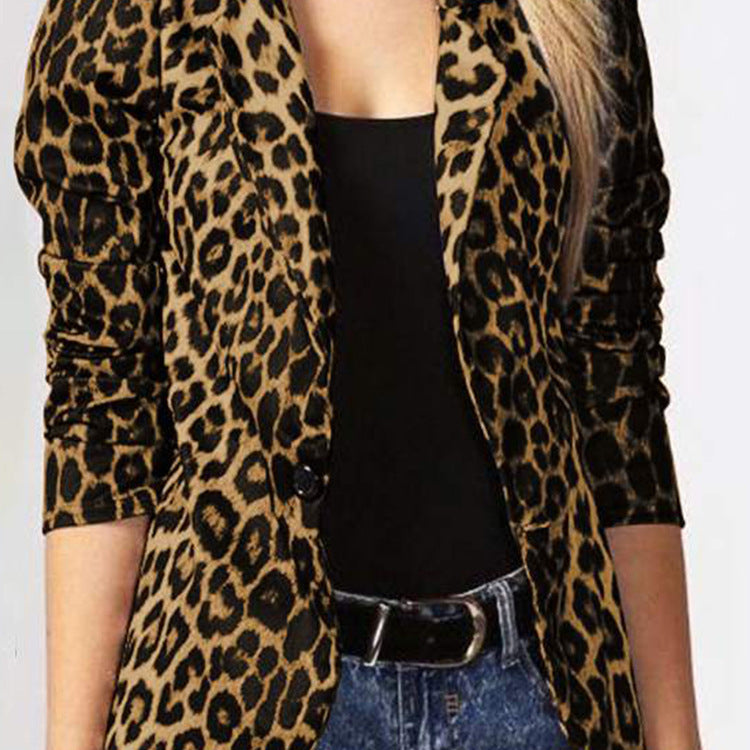 Jachetă elegantă cu mâneci lungi, cu imprimeu leopard, cu nasturi, cu umeri cu pernițe